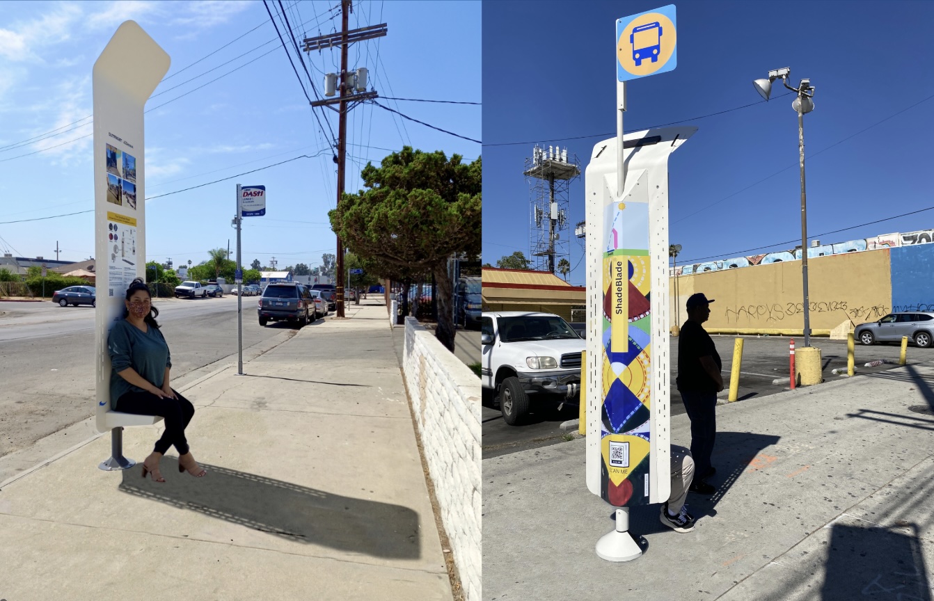 Left: Woman gets direct protection from the sun; Right: ShadeBlade Supports a Bus Stop Sign and Solar Panels
